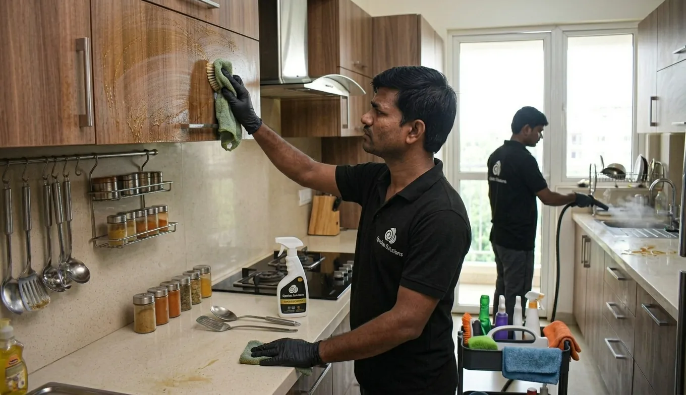 Kitchen cabinet and backsplash degreasing process Kitchen cabinet and backsplash degreasing process